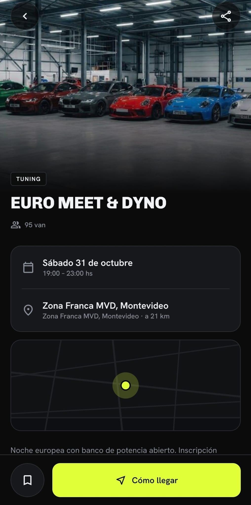 Ficha de un evento en Gridd: foto, categoría, fecha y hora, lugar con la distancia, mapa y el botón Cómo llegar.