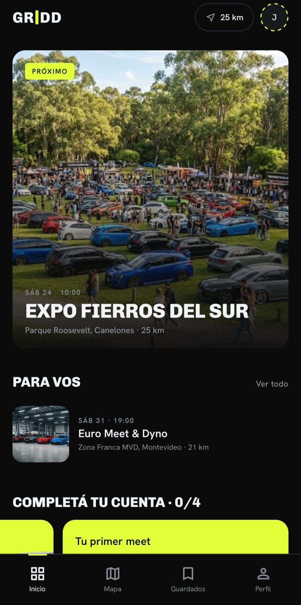Inicio de Gridd: el próximo encuentro destacado, la lista Para vos y las tarjetas para completar la cuenta.